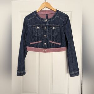 TUZZI Women's (Size 8) Cropped Denim/Jean Jacket W/ Silver Buttons & Pink Accent
